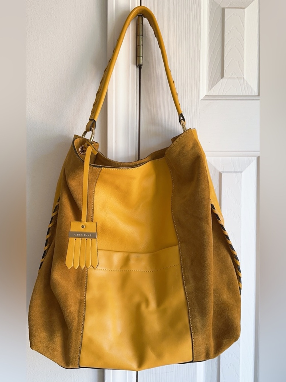 Yellow Suede and Leather Shoulder Hobo Bag